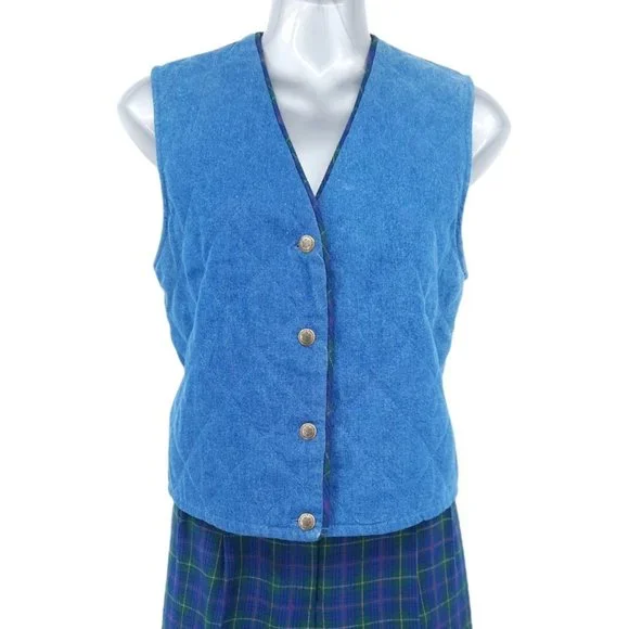 VTG 90s Koret City Blues Quilted Denim Metal Snap Vest Plaid Pants Set Size 8 - Picture 2 of 12